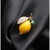 Stainless Steel Fruit Lemon Yellow Leaf Brooch with Rhinestones and
