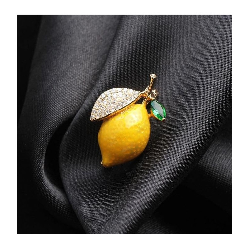 Stainless Steel Fruit Lemon Yellow Leaf Brooch with Rhinestones and