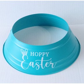 JF- Happy Easter Tree Collar, 9" x 3" Galvanized Metal, Pink "Easter Wishes" or Blue "Hoppy Easter" (Blue)