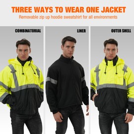 SKSAFETY 3-in-1 High Visibility Winter Bomber Jackets Zip Out Fleece Liner Reflective Safety Coats for men Waterproof ANSI/ISEA Class 3(Lime 2XL)