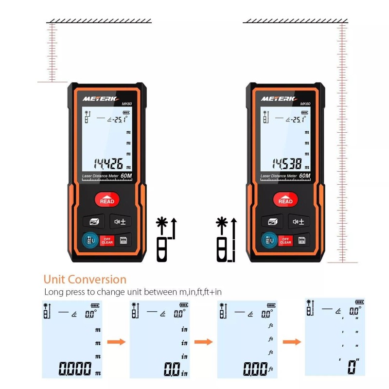 Meterk MK60 Handheld Digital Distance Meter LCD Display Backlight Angle