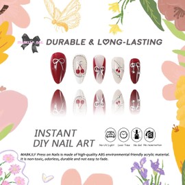 French Tip Press on Nails Medium Almond MABKJLF Fake Nails False Nails with Cherry Bow Rhinestones Designs Red&White Glossy Glue on Nail Full Cover Acrylic Nail for Women Gairls 24Pcs