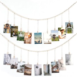 Abeillo Hanging Photo Wall Display, 2PCS Picture Hanging String Wall Decor Boho Wooden Beads Collage Picture Card Frame Holder with Wood Clips for Bedroom, Living Room, Office, Dorm Decor
