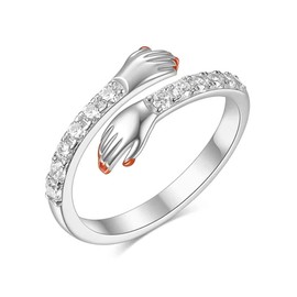 QKEPCY 925 Sterling Silver Hug Ring Adjustable Pair Hug Ring Crystal Ring Romantic Love Hugging Hands Ring Silver Give Me A Hug Hand Open Ring, Sterling Silver