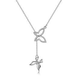 Hancock - Collar de mariposa doble lariat para mujer, estilo Y, collar en capas, colgante de mariposa, con circonita cúbica, joyería de mariposa delicada, regalo, Plata esterlina, Diamantes de