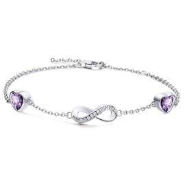 Qings Infinity February Birthstone Bracelet 925 Sterling Silver Amethyst Infinity Bracelets with 2 Purple Heart Cubic Zirconia Charms Valentine's Day Birthday Birthstone Jewellery Gifts for Daughter