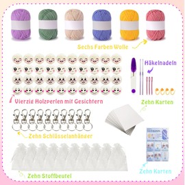 Worry Worms Crochet Set, Lucky Worms Crochet Set with 6 x 25 g Crochet Yarn and Crochet Hook, 40 Wooden Balls with Face, Instructions, Keyring, DIY Lucky Worms Set Beginners