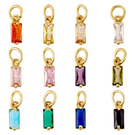 Spritewelry 12Pcs Real 18K Gold Plated Rectangle Rhinestone Charm Pendants Birthstone Charms with Jump Ring Cubic Zirconia Gold Earring Charms for Bracelets Jewelry Making DIY Craft