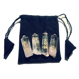 Animus Imperat 4 Rock Crystal Fracture Tips with Engraved Reiki Characters and Pouch
