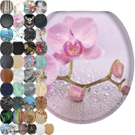 SANILO Wooden Toilet Seat with Soft Close [ROUND] - Decorative, Quiet & Slow Close Molded Wood Seat - With Strong Bumpers & Hinges - Adjustable Fit – Blooming