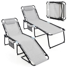 Tangkula Beach Lounge Chair for Outside, Folding Chaise Lounge Outdoor with 4-Position Backrest, Removable Headrest and Side Pocket, Portable Sunbathing Tanning Chair for Patio, Poolside (2, Grey)