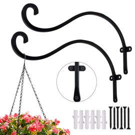 Hourleey 2 Pack Plant Hanger Outdoor, 12 Inch Heavy-Duty Hanging Plant Hook for Outside Basket, Black Metal Wall Mount Plant Bracket Hook for Flower Baskets Bird Feeder