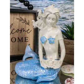 Ebros Gift Nautical Ocean Goddess Pretty Mermaid with Aqua Blue Tail Holding Pearl Shell Decorative Statue 8" Tall Coastal Marine Fantasy Mermaids Sirens of The Seas Home Decor Figurine