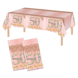 2 Pack 50th Birthday Tablecloth Pink Rose Gold 50th Birthday Table Cover Happy 50th Birthday Decorations for Women Plastic Disposable 50th Birthday Table Cloth 50th Birthday Party Supplies (54"x108")