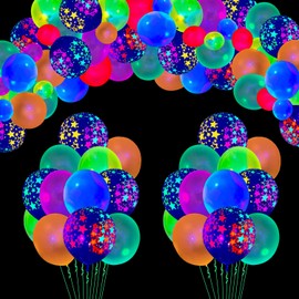 100PCS Party Supplies Glow Party Neon Party Supplies Set Neon Glow Balloons Glow in the Dark, Birthday Party Balloons, Neon Balloons Decoration, 12" Star Glow Balloons Mixed Color Glow Balloons…