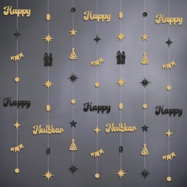 KatchOn, Glitter Happy New Years Garland - 6 Feet, Pack of 9, No DIY | Happy New Year Banner, Black and Gold Happy New Years Decorations 2026 | New Year Backdrop, NYE Party Supplies 2026