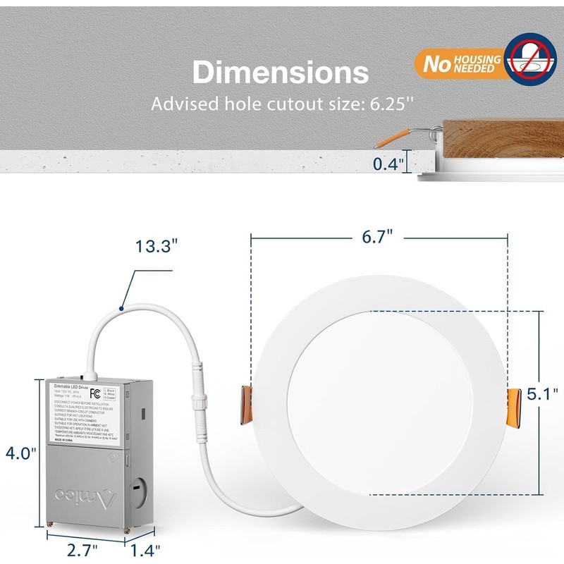 Amico 4 Pack 6 Inch 5CCT Ultra-Thin LED Recessed Ceiling