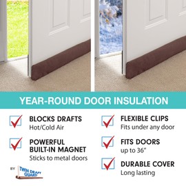 StayPut Door Draft Stopper Insulating Device Installs 2 Ways—Strong Magnets for Metal Doors, Clips for Regular Doors, No Bending Required, 36" (Brown)