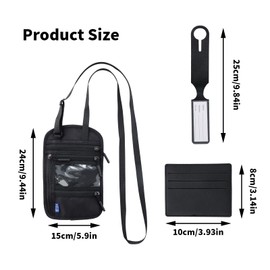 FESSOSKO Travel Document Wallet, Travel Pouch with Card Holder and Luggage Tag, RFID Blocking Neck Wallet, Waterproof Passport Holder with Adjustable Neck Strap for Men Women - Black