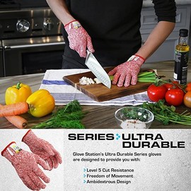 Glove Station Ultra Durable Series Cut Resistant Gloves - Cutting Gloves for Chefs, BBQ and Cooking - Level 5 Protection; Food Grade Safe Cut Proof Gloves - Red, Medium Size