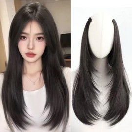 Extension, One-touch Half Wig, Collar Leg, Artificial Hair, U-Type, Inner, Layer, Straight, Hair Extension, Long, One-touch Extension, Combination, Daily Wear, Heat Resistant (Brown-Black)