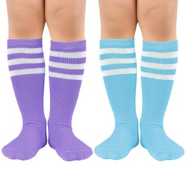 Zando Kids Knee High Long Tube Cotton Socks for Soccer Baseball School Uniform Toddler Stockings Boys Girls Socks 10-12 Years Purple/Light Blue