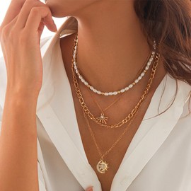 Abien Layered Gold Necklace for Women Trendy Pearl Choker Boho Sun Pendant Necklace Chain Boho Jewelry for Women