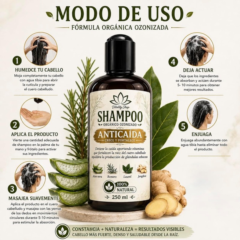 Shampoo anticaída orgánico con romero, aloe vera y vitamina E