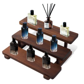 Cologne Organizer for Men 3 Tier Walnut Wood Display Stand Perfumes Organizers Wooden Display Riser with Anti-Slip Pads Rustic Shelf for Perfumes Collectibles Action Figures Room Decor