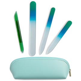 Alban Czech Glass Nail File Set with Manicure Stick & Vegan Leather Cosmetic Case (Green-Blue Nail Files, Green Manicure Stick & Light Blue Cosmetic Case)