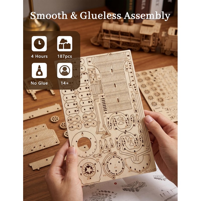 BOOZUU 3D Wooden Steam Train Puzzle for Adults, Build and
