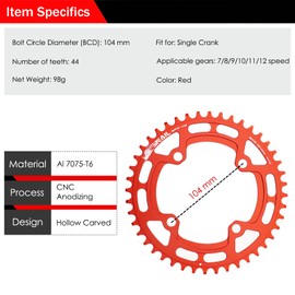 BESNIN 104 BCD Chainring Round 30/32/34/36/38/40/42/44/46/48/50/52 Teeth Bicycle Chainring Narrow Wide for 7/8/9/10/11/12-Speed MTB, BMX, Mountain Bike, Road Bike