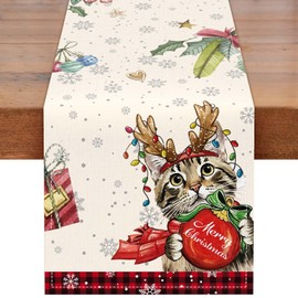 Christmas Reindeer Cat Table Runner, Holly Snowflake Farmhouse Xmas Decor