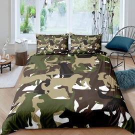 Camou Puppy Duvet Cover Set Camouflage Dogs Printed Bedding Set for Kids Boys Teens Hidden Military Comforter Cover Animal Pattern Bedspread Cover Room Decor 3Pcs Double Size,Zipper