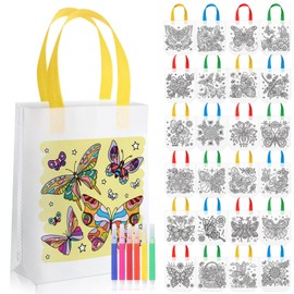 SilTriangle 24 Pcs Butterfly Coloring Goodies Bags with 144 Makers Mandala Recycle Gift Bags Color Your Own Totes for Kids DIY Painting Art Crafts Spring Insects Birthday Party Favors(Butterfly)