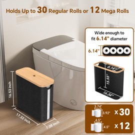 Toilet Paper Storage with Bamboo Lid, 33.8L Foldable Toilet Paper Basket Organizer Holder for up to Regular 30 Rolls Or 12 Mega Rolls, Waterproof Free Standing Toilet Paper Holder for Bathroom, Black