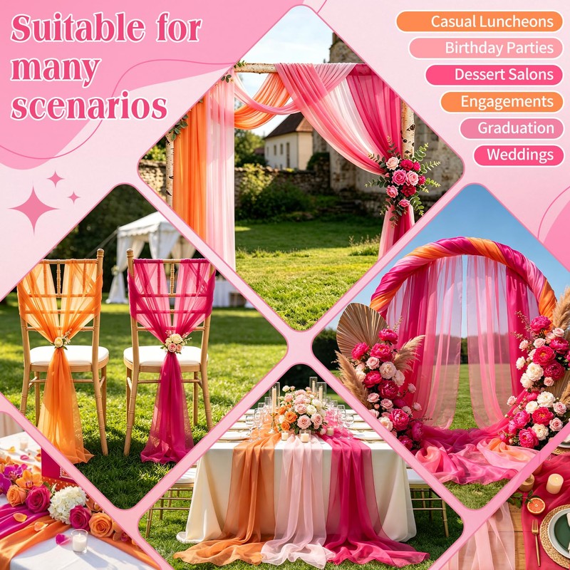 Pink Orange Party Decoration Table Runner, 3 Pack Boho Chiffon