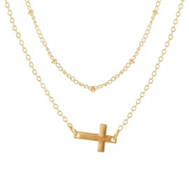 Cross Pendant Necklace Gold Silver Plated Dainty Simple Double Layered Tiered Cross Small Sideway Cross Chain Choker Necklace for Women Minimalist Birthday Holiday Faith Trendy Jewelry Gifts (Gold)
