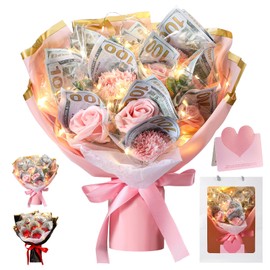 Thiccywoov Money Flower Bouquet Wedding Money Bouquet Kit for Cash Gift Cash Nosegay Flowers with Bag for Birthday Party Anniversary(Pink)