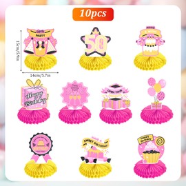 Gosknor 10pcs Birthday Centerpiece, Happy Birthday Honeycomb Centerpieces Table Topper Pink Yellow Birthday Table Decorations for Kids Women Adults Birthday Party Supplies