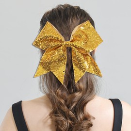 2 Packs Jumbo Gold Cheerleading Bow 8 Inch Large Cheer Hair Bows with Alligator Clips for Teen Girls Softball Outfit Uniform (Sequin Gold)