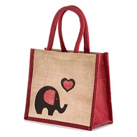 Jute Hessian Lunch Gift Bag - Height 24 cm x Width 26 cm x Depth 17 cm - Elephant Red