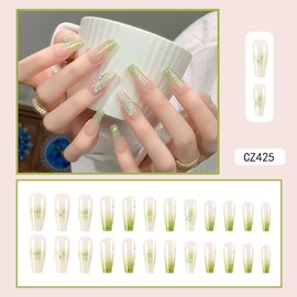 Press on Square Nails Medium Length Glossy Full Cover Acrylic Green False Nails with Butterfly Designs Artificial Square Shaped Fake Nails with Charms Glue ons Nails Stick on Fingernails for Women