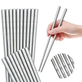 10 Pairs Chopsticks Reusable, Bestdin Metal Chopsticks Reusable with Unique Laser Engraving Pattern, 9.2 Inch Premium Stainless Steel Chop Sticks, Square Non-Slip Reusable ChopSticks, Dishwasher Safe