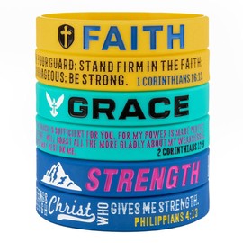 Faith Grace Strength, 1 Corinthians 16:13, 2 Corinthians 12:9, Philippians 4:13 Inspirational Bible Verses Silicone Bracelets (3-Pack) Christian Wristbands Gifts for Religious Party Favors (3)
