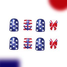 Short Square Press on Nails Independence Day Fake Nails with Designs Stars Glue on Nails Bow Tie Acrylic Nail Press ons Glitter Full Cover Stick on Nails for Women Girls 24Pcs