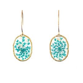 Handmade resin sealed dried pressed natural flowers dangle earrings (Oval turquoise Lace)