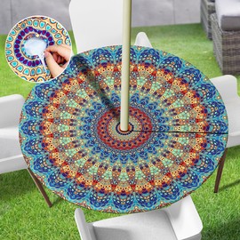 KIEMTR Round Outdoor Tablecloth with Umbrella Hole, Boho Round Fitted Table Cover with Zipper, Waterproof Elastic Table Cloth Fit 45"-54" Round Tables for Patio Picnic
