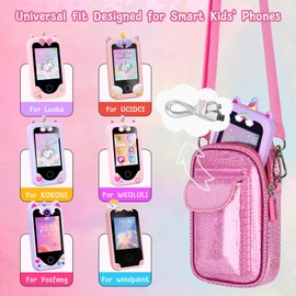 Tanmqin Kids Smart Phone for Girls Universal Bag for Luoba/for Yosfeng/for WEOLULI/for UCIDCI and More, Glitter Powder Bag with Removable Shoulder Strap Fits Toddler Phone/Data Cables/SD Cards - Pink
