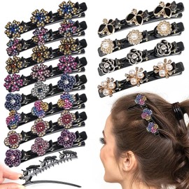Pack of 12 Hair Clips, Braided Hair Clips, Sparkling Crystal Stone Braided Hair Clips, Satin Fabric Hair Bands, Rhinestone Clover Hair Clip, No-Slip Grip Jaw Clips, Braided Hair Clips with Rhinestones